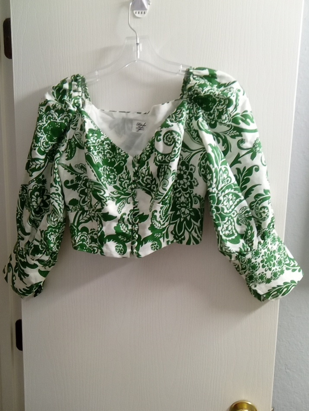 Green Floral Puff-Sleeve Crop Top - Women's